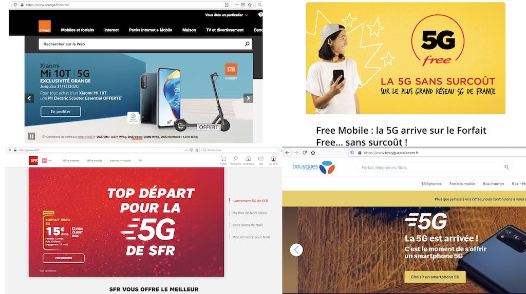 Les pages d'accueils des 4 principaux opérateurs mobiles français font toutes la promotion du passage à la 5G
